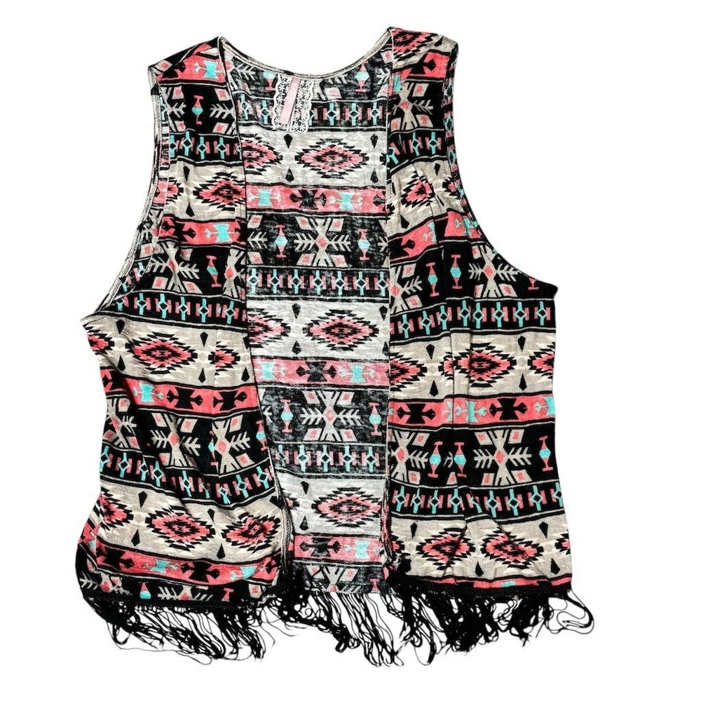 Mauve Anthropologie Women's Aztec Print‎ Fringe Vest Kimono Style Size L